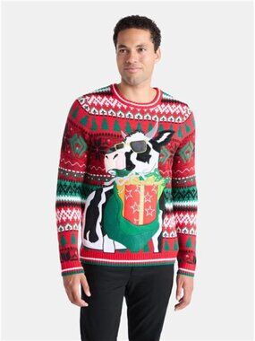 Men’s Christmas Cow Sweater with Drink Pocket Holiday Long Sleeve Ugly Sweater